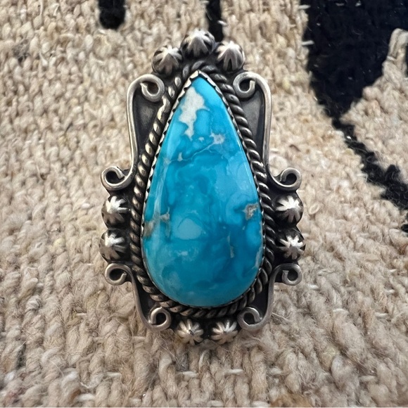❤️ White Water Turquoise Navajo Artisan Adjustable 1.39”L Ring 13.5G Brushed 925 - Picture 4 of 13